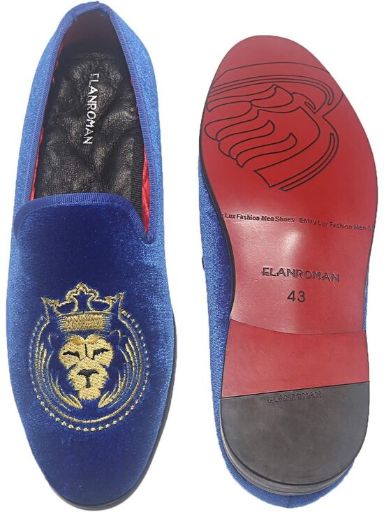 ELANROMAN Men\'s Blue Velvet Loafers Embroidered Lion Crown Formal Party Shoes main image 6